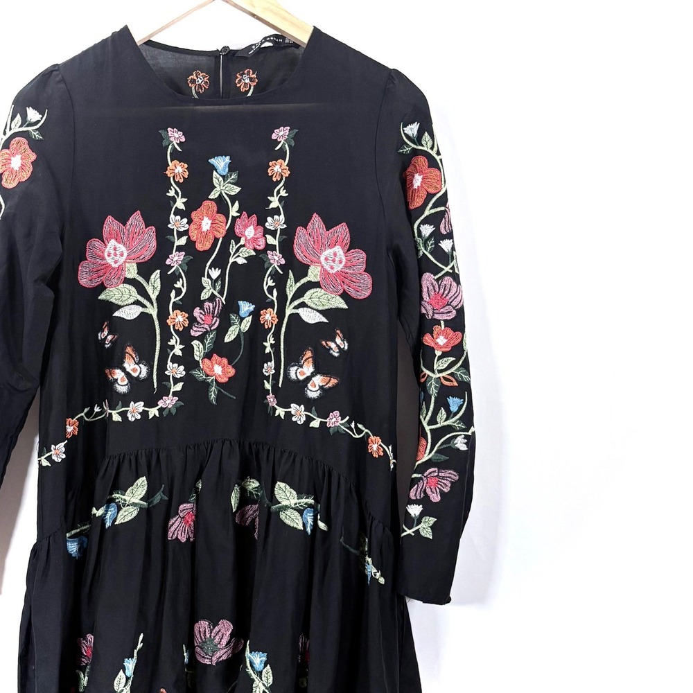 Zara Woman Dress Black Floral Butterfly Embroidered Long Sleeve Mini XS 24